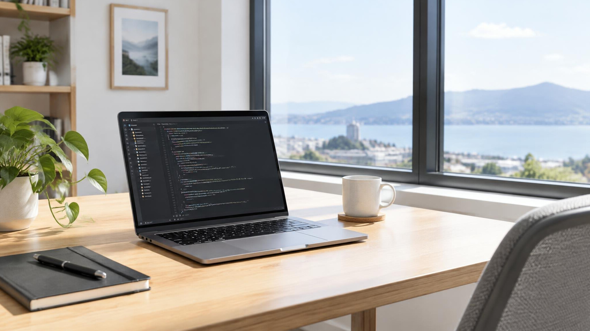 Laptop displaying code on a bright workspace